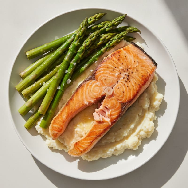 Seared Salmon with Steamed Asparagus and Cauliflower Mash