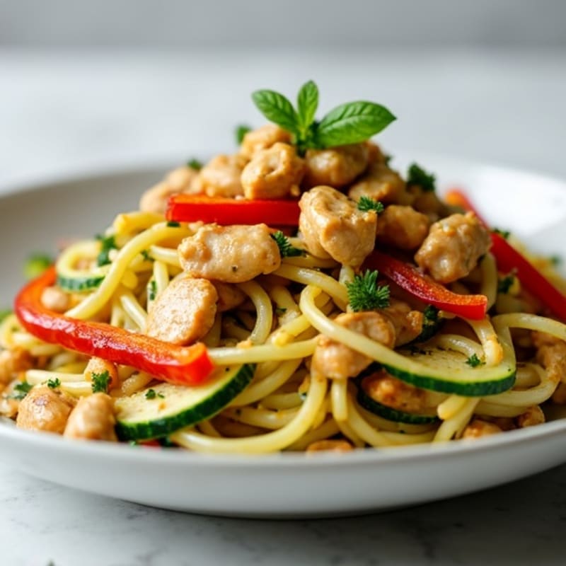 Chicken Zucchini Noodle Stir-Fry with Creamy Peanut Dressing