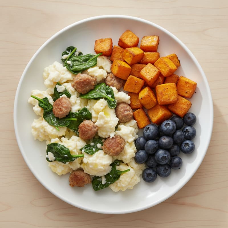 Egg White Scramble with Turkey Sausage and Roasted Sweet Potato