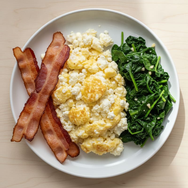 Cottage Cheese Scramble with Turkey Bacon and Sautéed Spinach