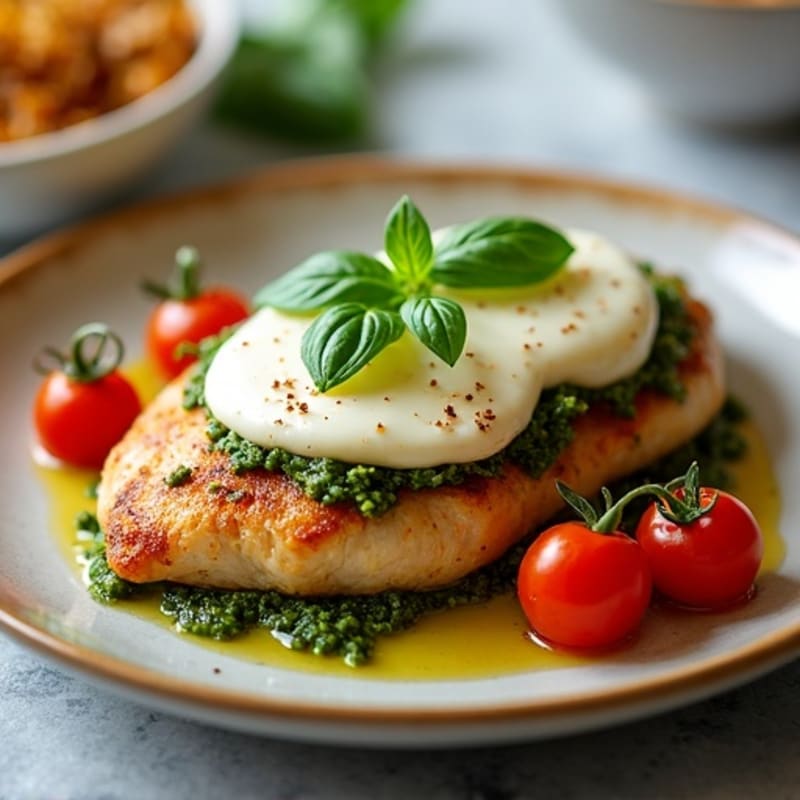 Fresh Basil Pesto Chicken with Creamy Mozzarella and Sweet Tomatoes