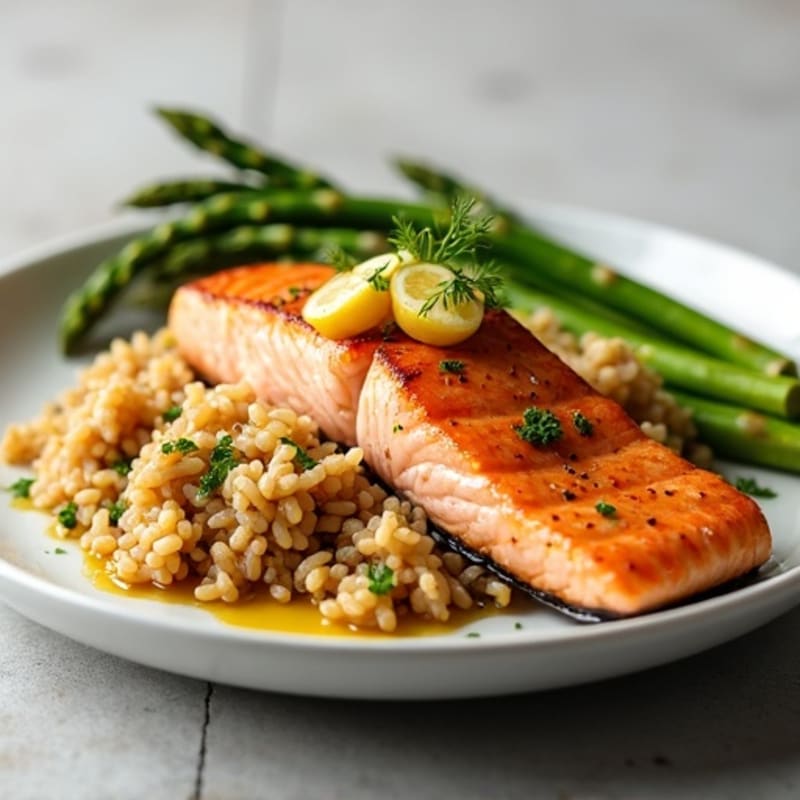 Seared Salmon with Brown Rice and Garlicky Asparagus