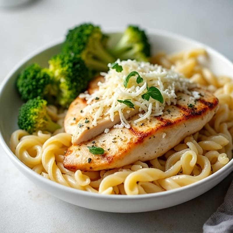 Healthy Chicken Alfredo Pasta with Roasted Broccoli