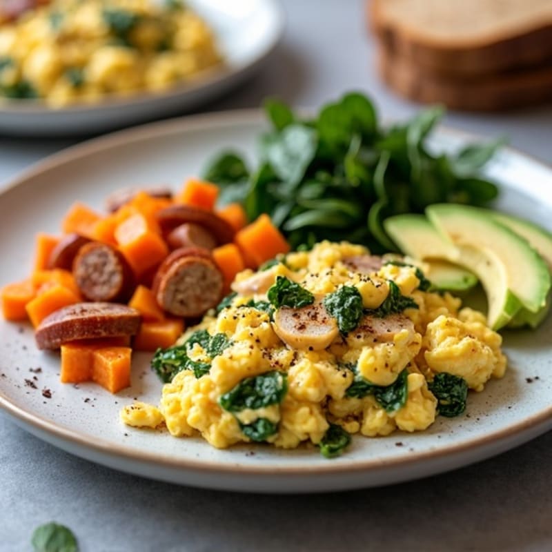 Egg White and Turkey Sausage Scramble with Sautéed Spinach and Sweet Potato Hash