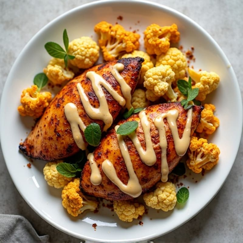 Sheet Pan Harissa Chicken and Cauliflower with Creamy Tahini Drizzle