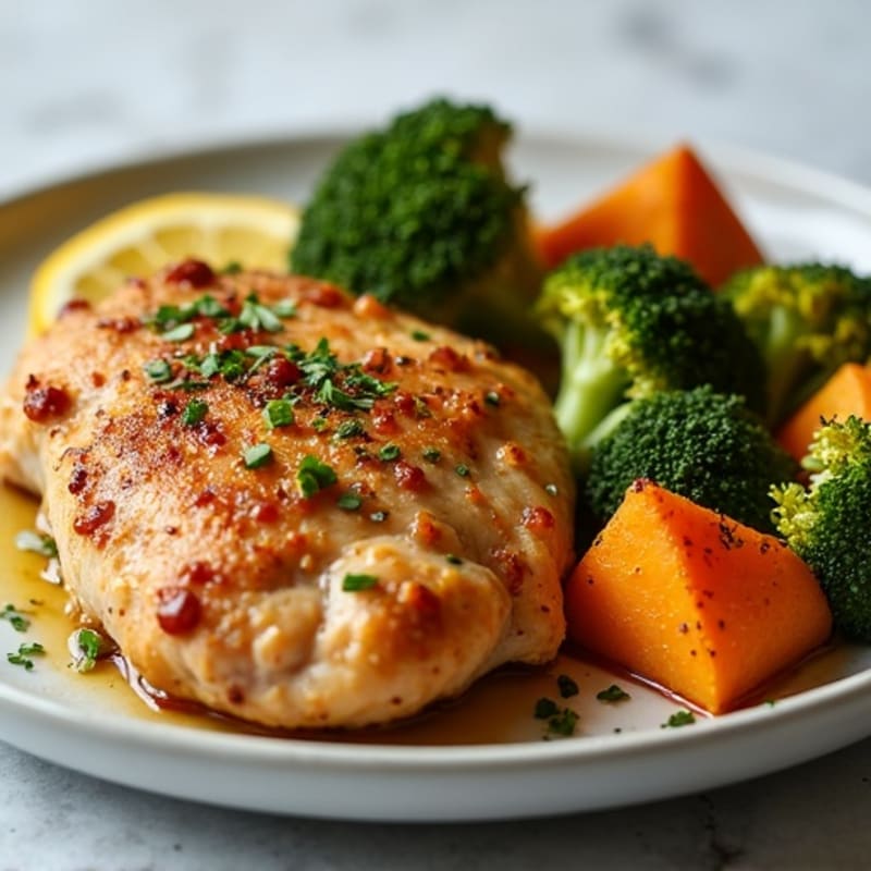 Crispy Lemon-Herb Chicken Thighs with Roasted Broccoli and Sweet Potatoes