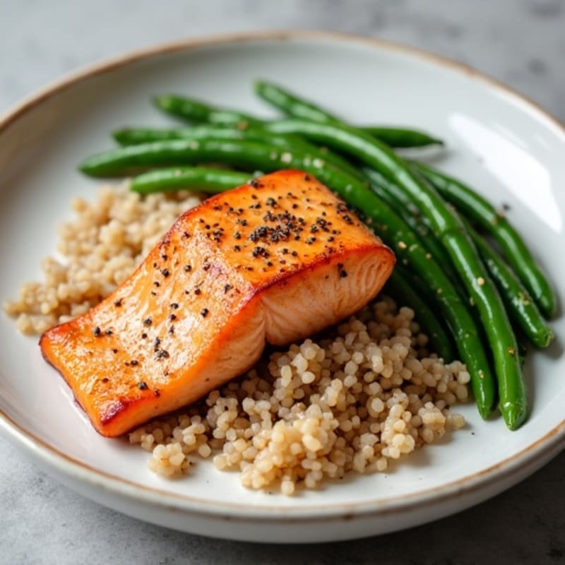 Seared Salmon Fillet with Steamed Green Beans and Brown Rice