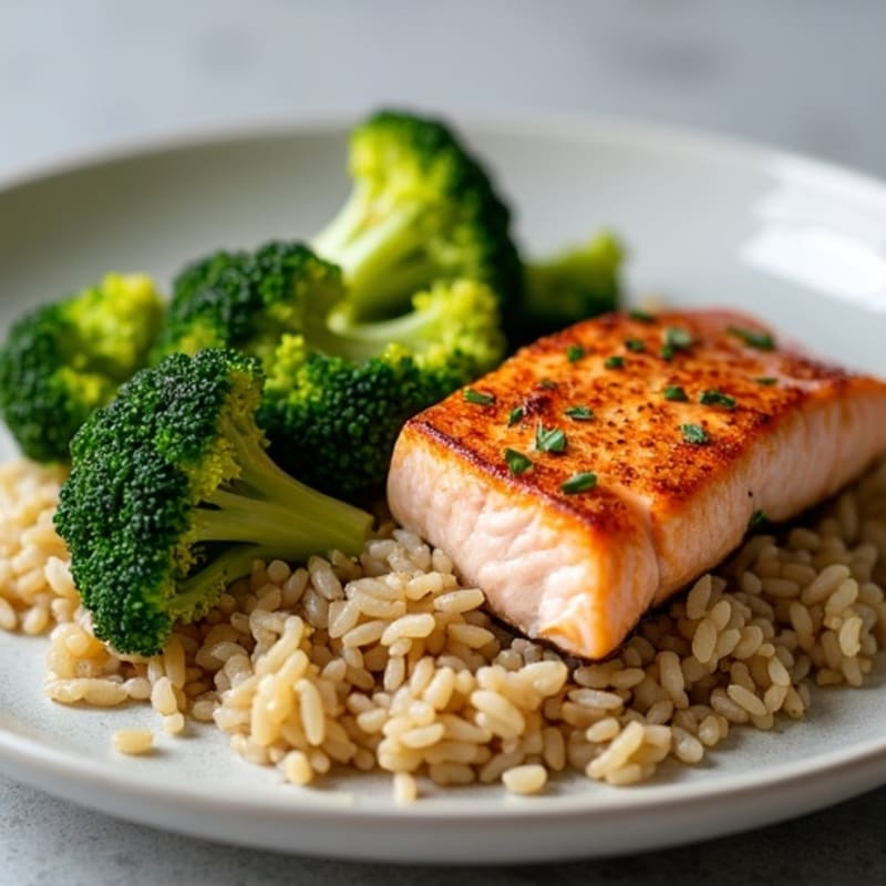 Seared Salmon with Garlic Sautéed Broccoli and Brown Rice