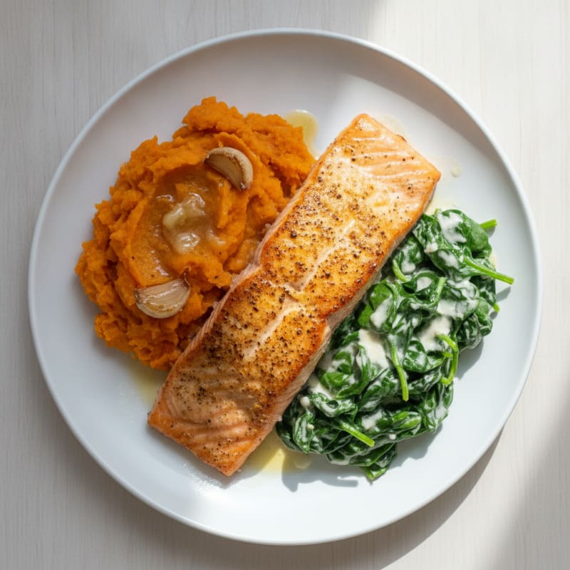 Seared Salmon with Creamy Spinach and Garlic Mashed Sweet Potatoes