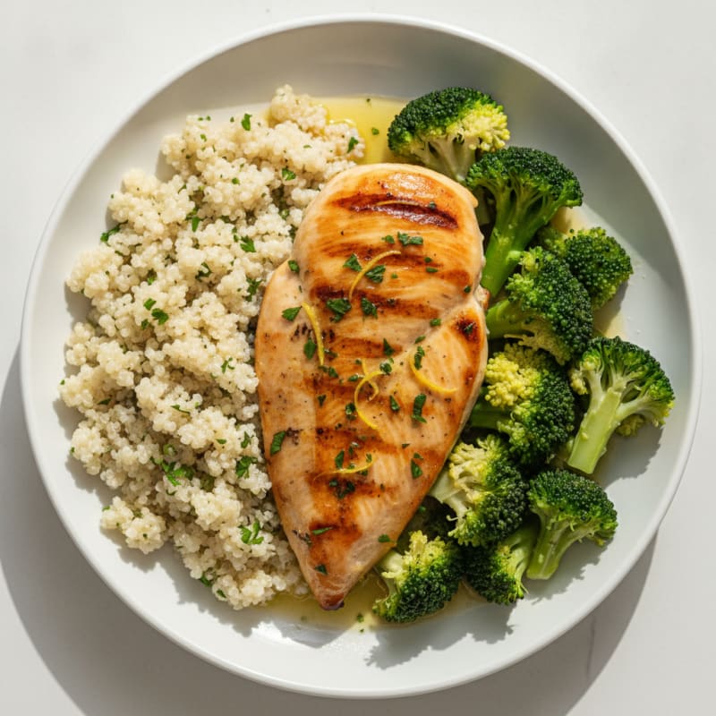 Grilled Chicken Breast with Steamed Broccoli and Quinoa