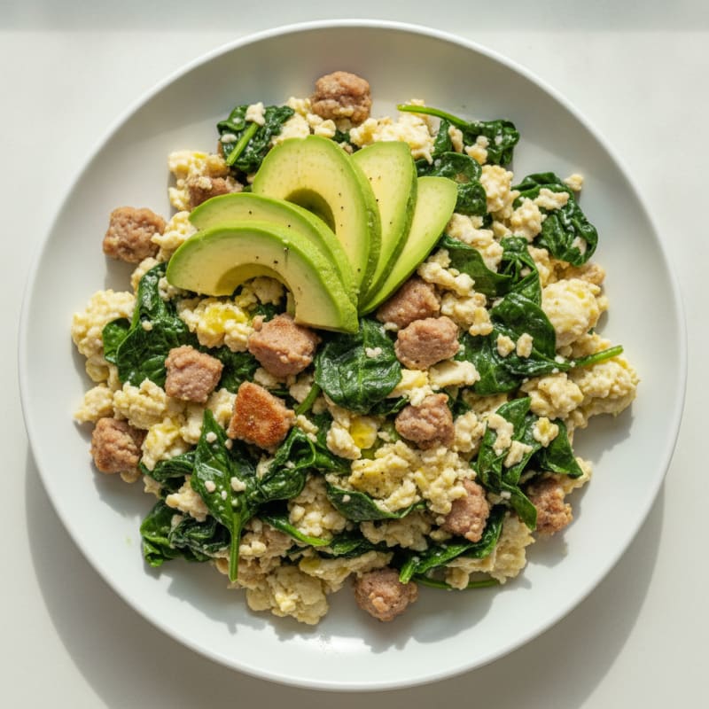 Egg White Scramble with Turkey Sausage and Sautéed Spinach