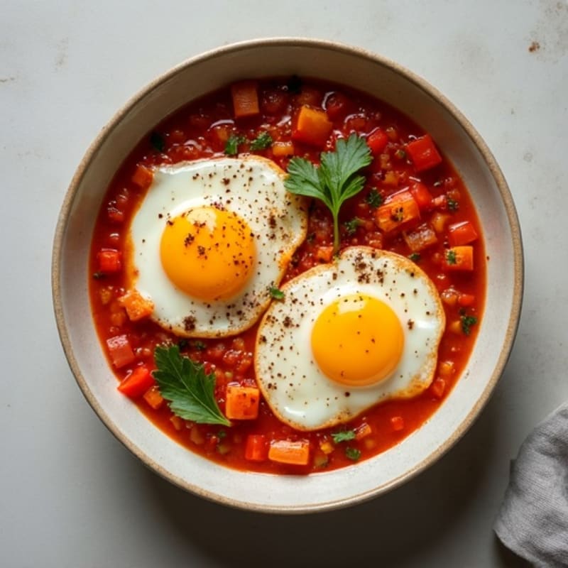Silky Spiced Tomato and Bell Pepper Poached Eggs
