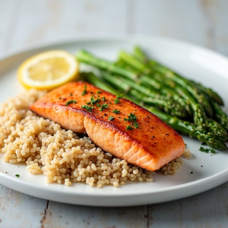 Seared Salmon with Steamed Asparagus and Brown Rice