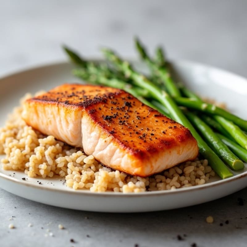 Seared Salmon with Steamed Asparagus and Brown Rice