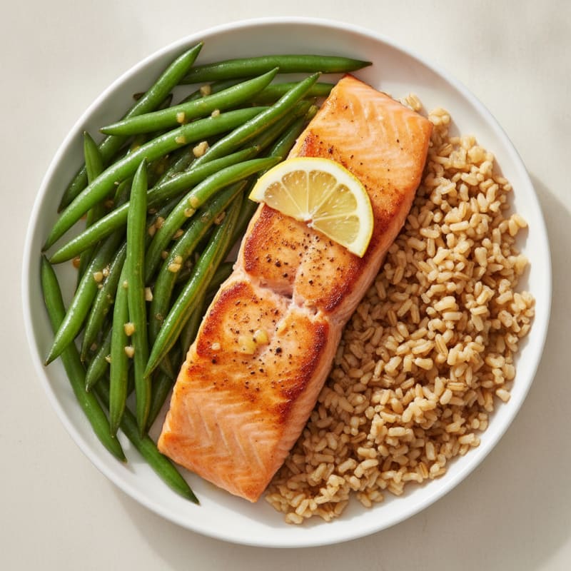 Seared Salmon with Garlic Green Beans and Brown Rice