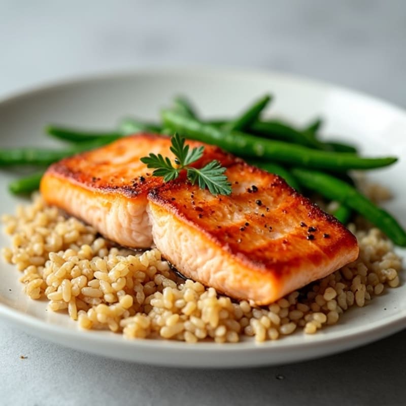 Seared Salmon with Garlic Green Beans and Brown Rice