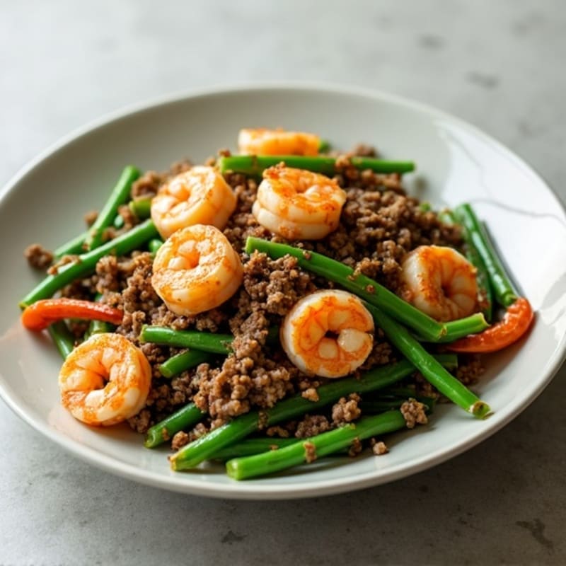 Lean Ground Beef and Shrimp Green Bean Stir Fry