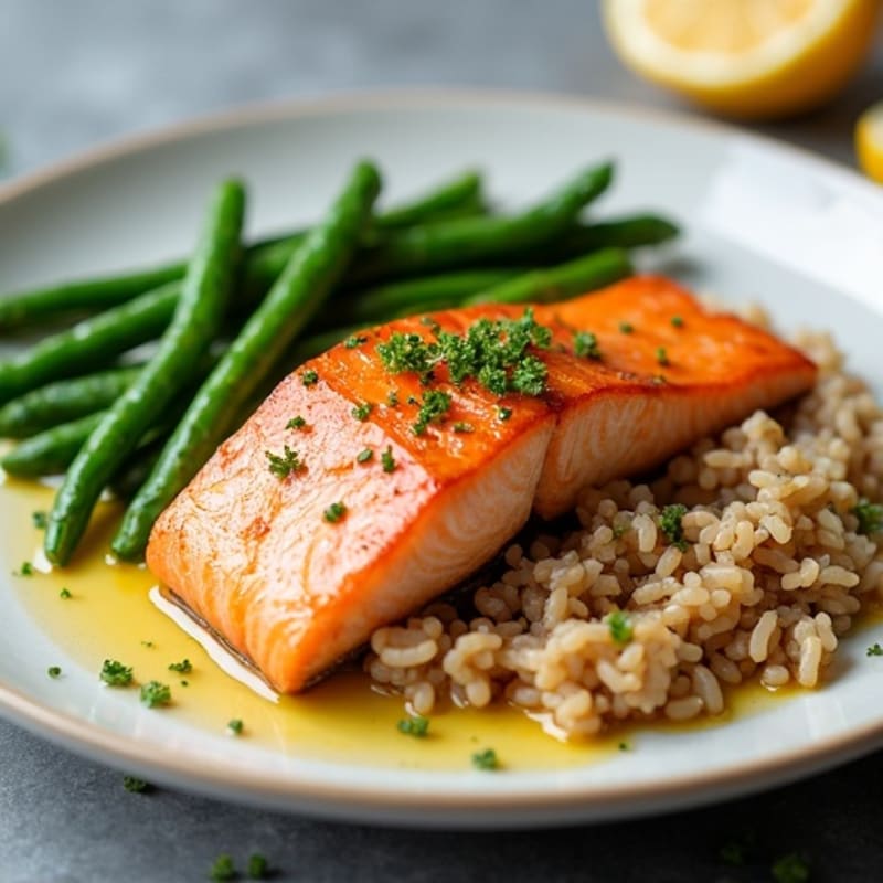 Seared Salmon Fillet with Steamed Green Beans and Brown Rice