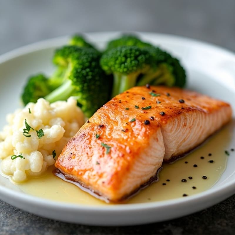 Seared Salmon Fillet with Steamed Broccoli and Garlic Mashed Cauliflower