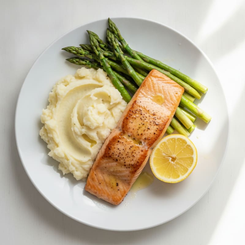 Seared Salmon Fillet with Steamed Asparagus and Garlic Mashed Potatoes