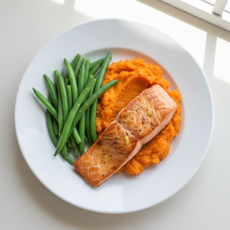 Seared Salmon with Steamed Green Beans and Mashed Sweet Potato