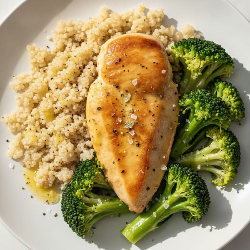 Lemon Herb Seared Chicken with Quinoa and Steamed Broccoli