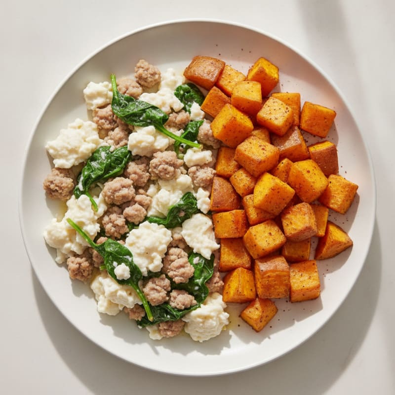 Egg White and Turkey Sausage Scramble with Spinach and Roasted Sweet Potatoes