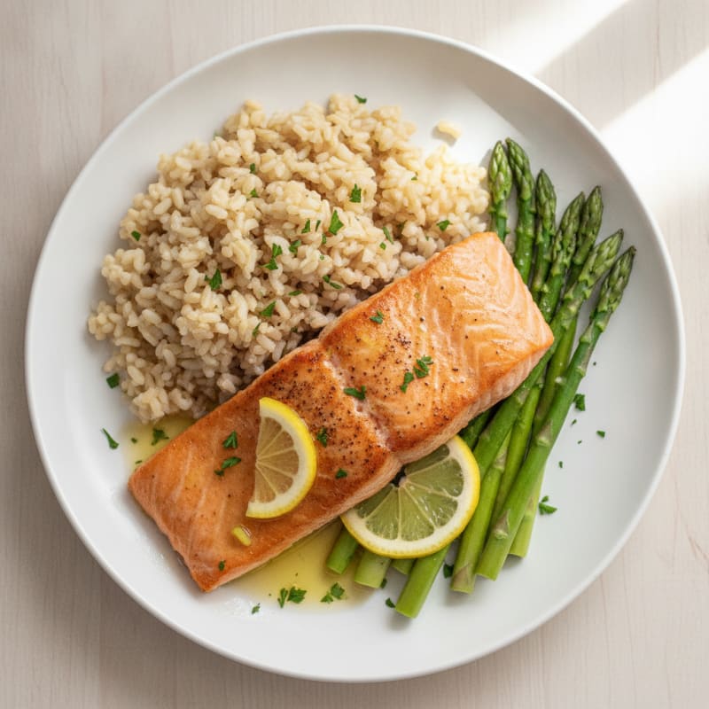 Seared Salmon with Steamed Asparagus and Brown Rice