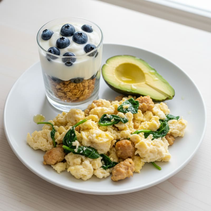 Egg White Scramble with Turkey Sausage and Greek Yogurt Parfait