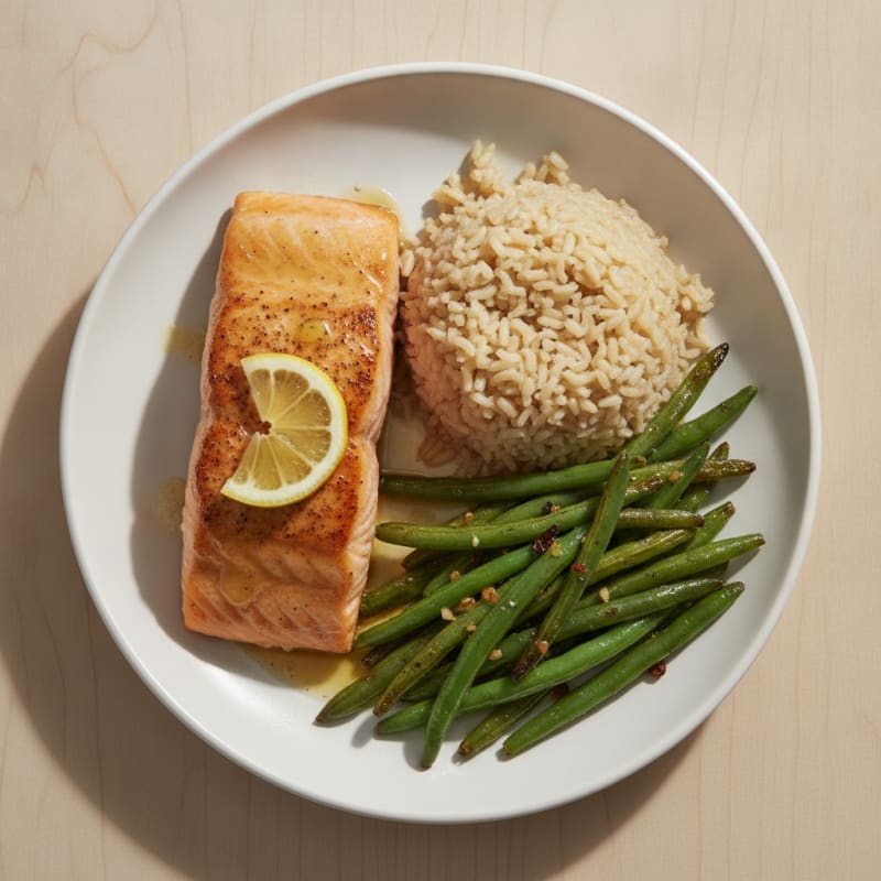 Seared Salmon Filet with Garlic Green Beans and Brown Rice
