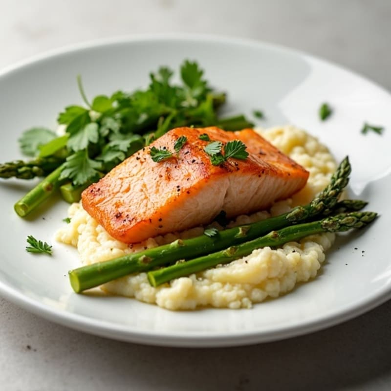Seared Salmon Fillet with Roasted Asparagus and Cauliflower Mash