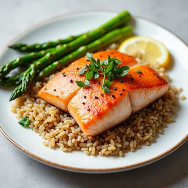 Seared Salmon with Steamed Asparagus and Brown Rice