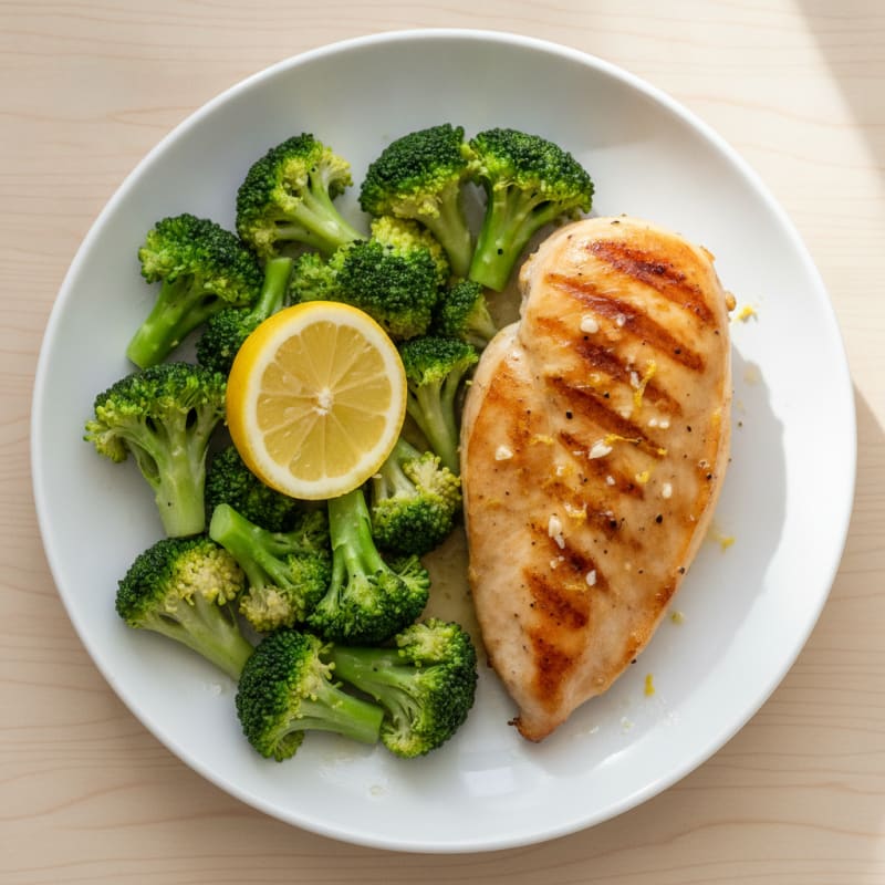 Grilled Chicken Breast with Steamed Broccoli and Lemon