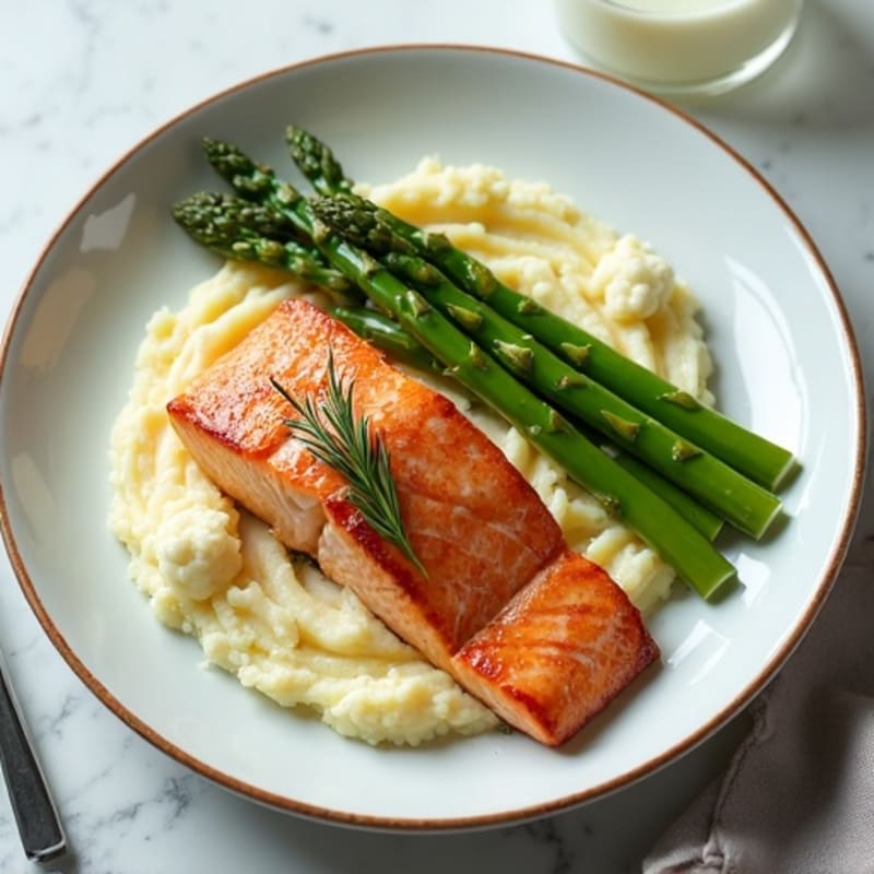 Seared Salmon with Steamed Asparagus and Cauliflower Mash