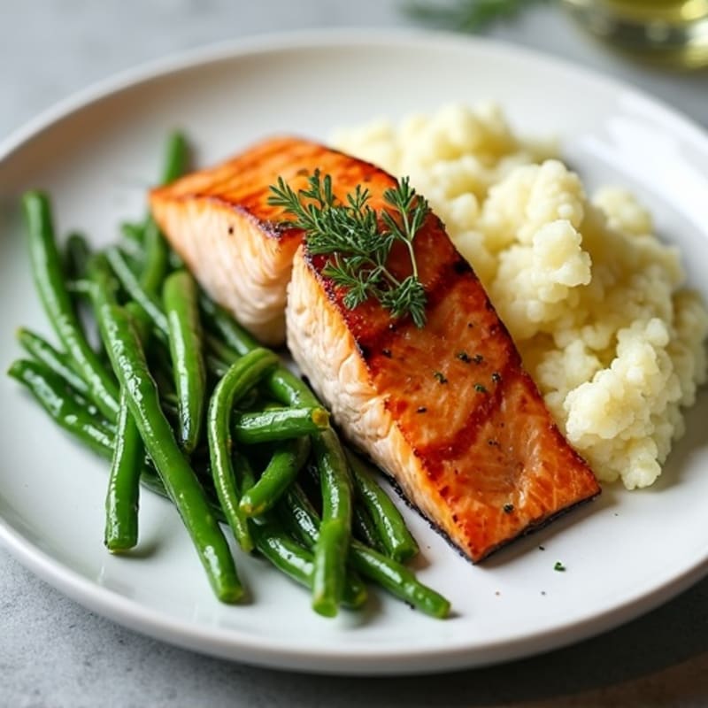 Seared Salmon with Garlic Green Beans and Mashed Cauliflower
