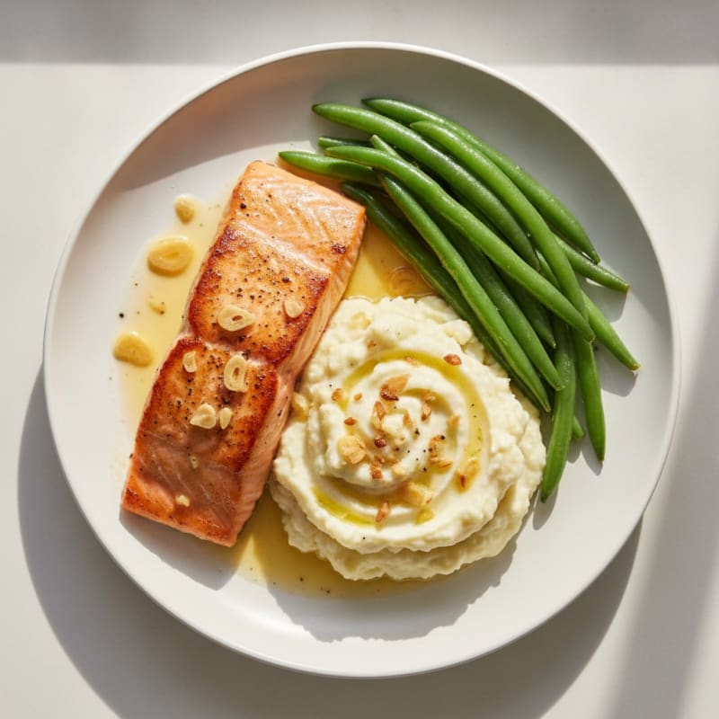 Seared Salmon with Steamed Green Beans and Garlic Mashed Cauliflower