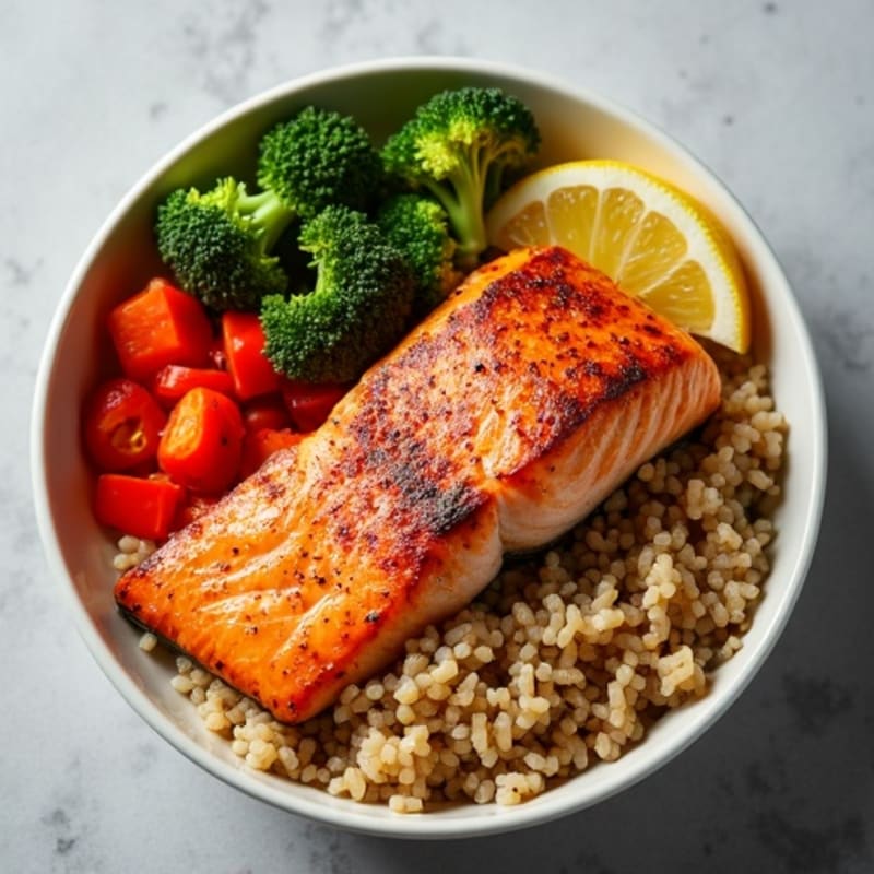 Fresh Salmon and Crispy Vegetable Brown Rice Bowl