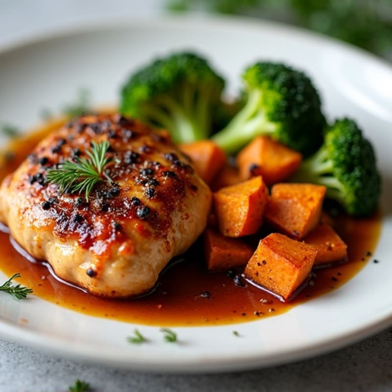 Sticky Date Glazed Chicken with Roasted Sweet Potato and Crispy Broccoli