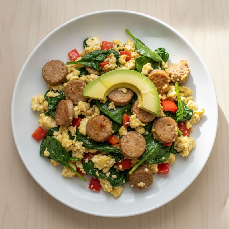 Egg White and Turkey Sausage Scramble with Spinach and Bell Peppers