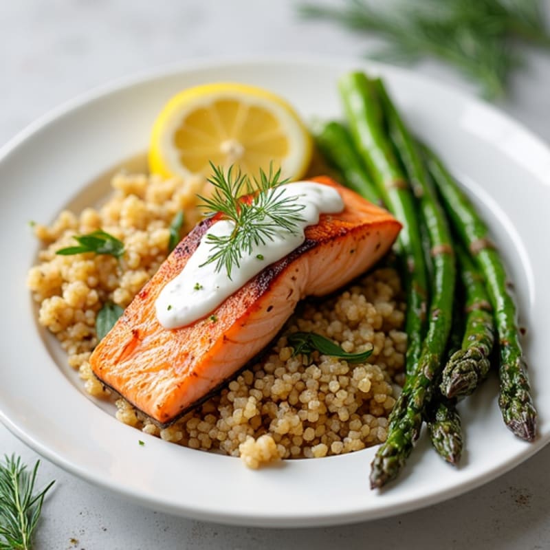 Seared Salmon with Quinoa, Roasted Asparagus & Lemon-Dill Yogurt Sauce