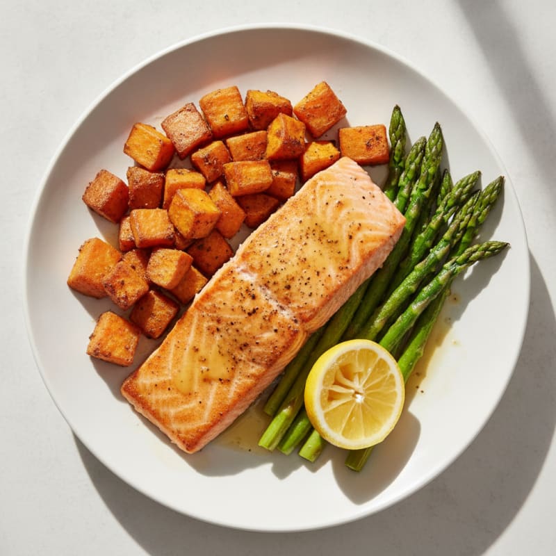 Seared Salmon with Roasted Sweet Potatoes and Asparagus