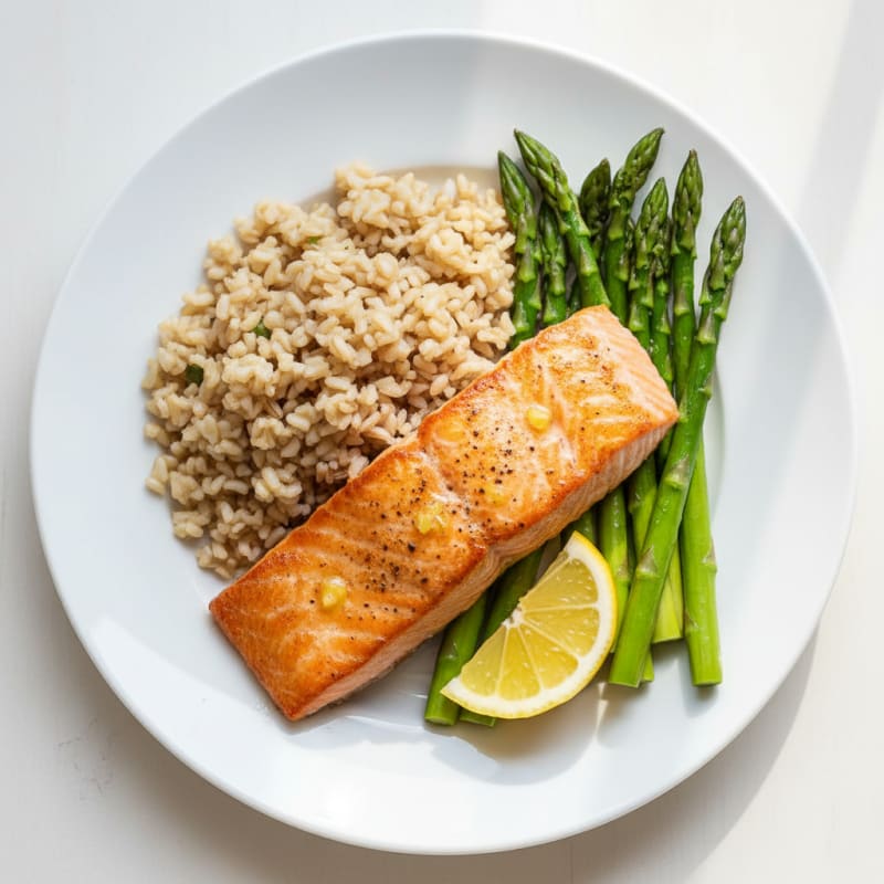 Seared Salmon with Steamed Asparagus and Brown Rice