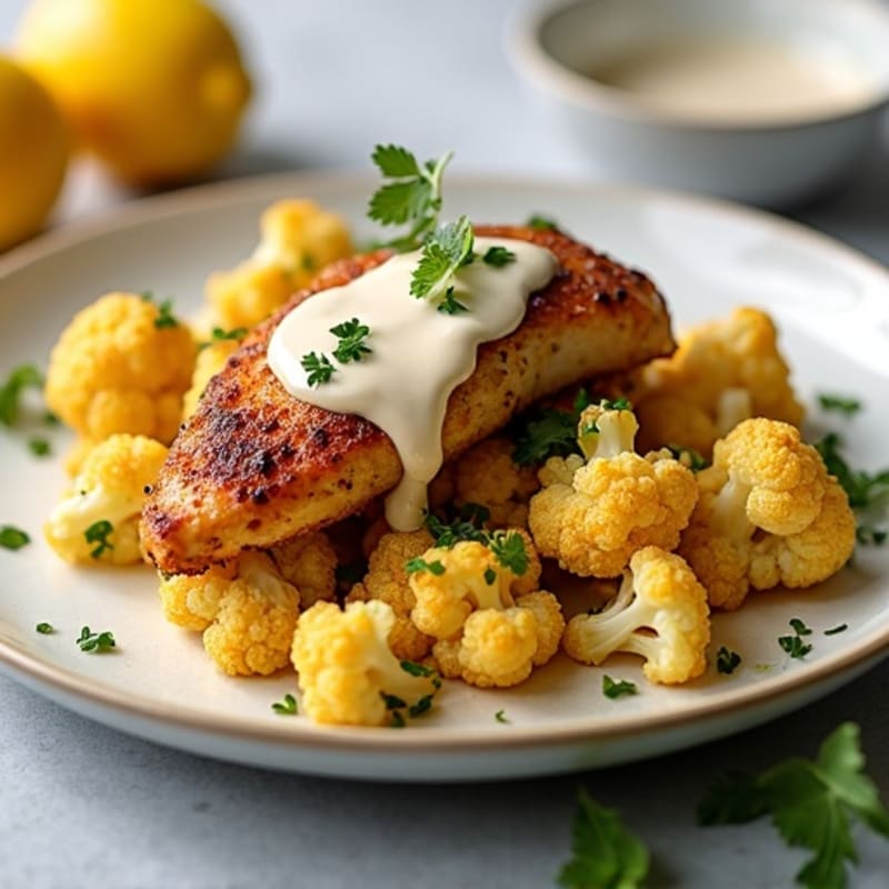 Crispy Za'atar Chicken with Roasted Cauliflower and Creamy Lemon-Tahini Sauce