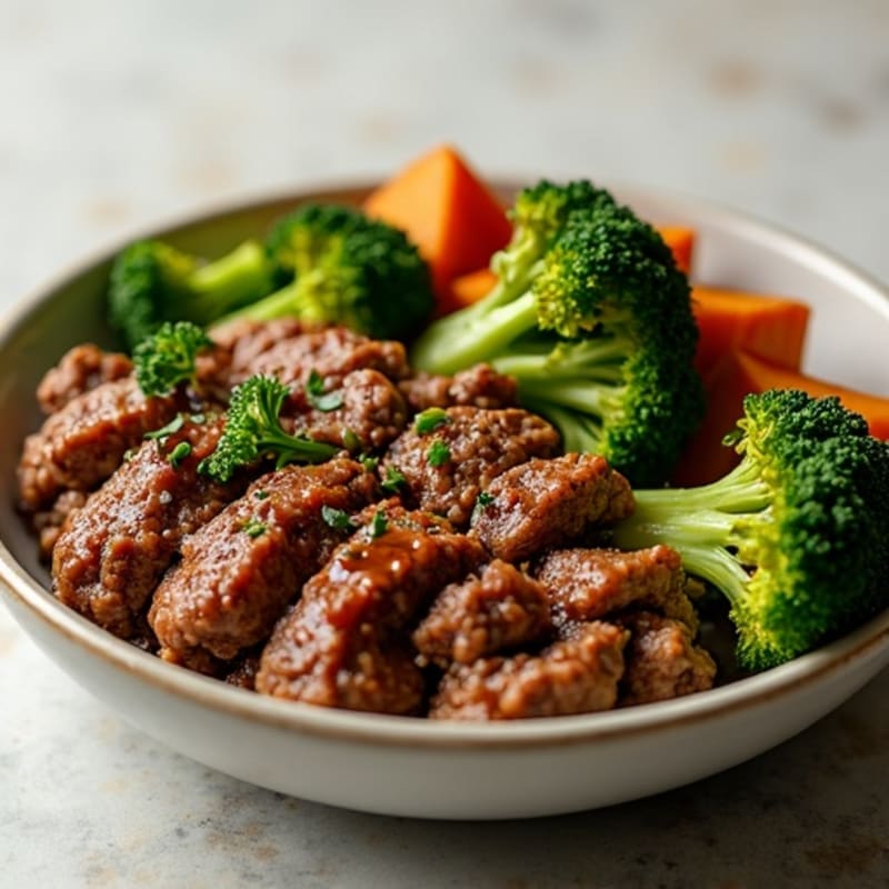 Lean Ground Beef and Crispy Roasted Broccoli with Sweet Potato