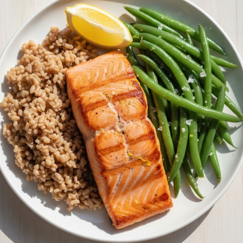 Seared Salmon Filet with Steamed Green Beans and Brown Rice