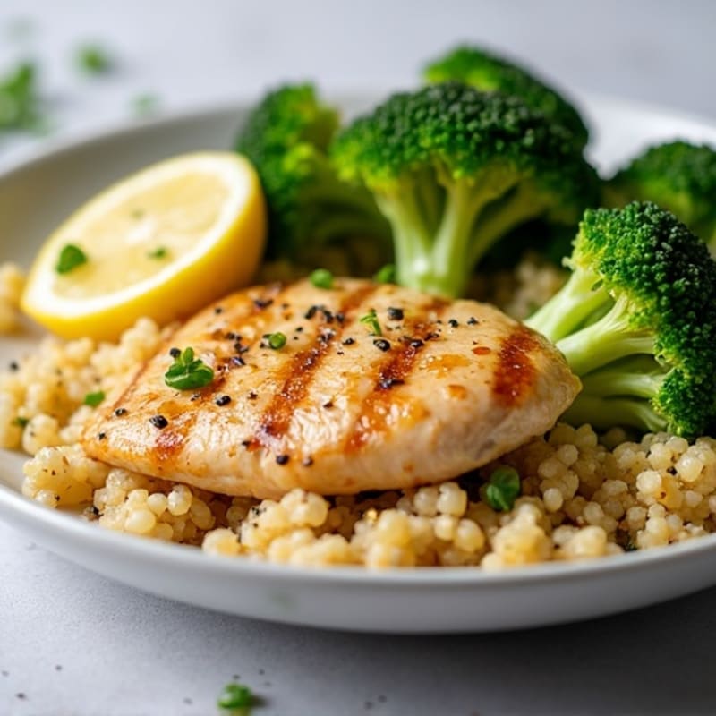 Grilled Lemon-Garlic Chicken Breast with Quinoa and Roasted Broccoli