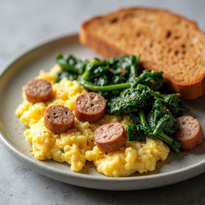 Egg White and Turkey Sausage Scramble with Sautéed Spinach