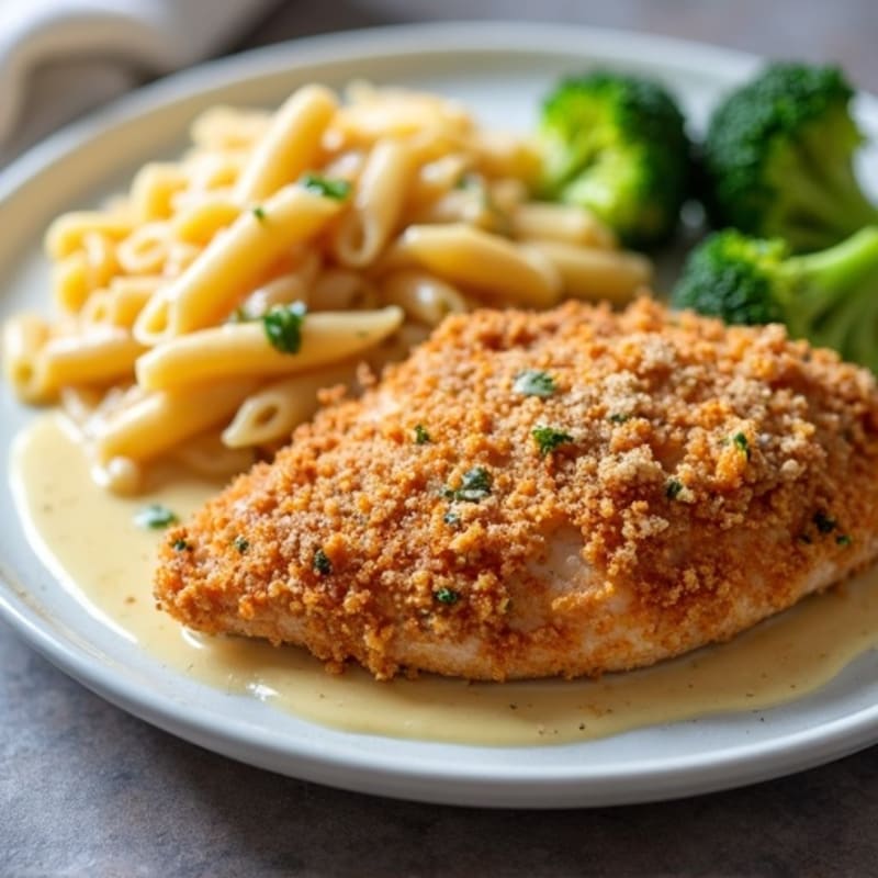Crispy Baked Chicken with Creamy Cheesy Whole Wheat Pasta and Roasted Broccoli
