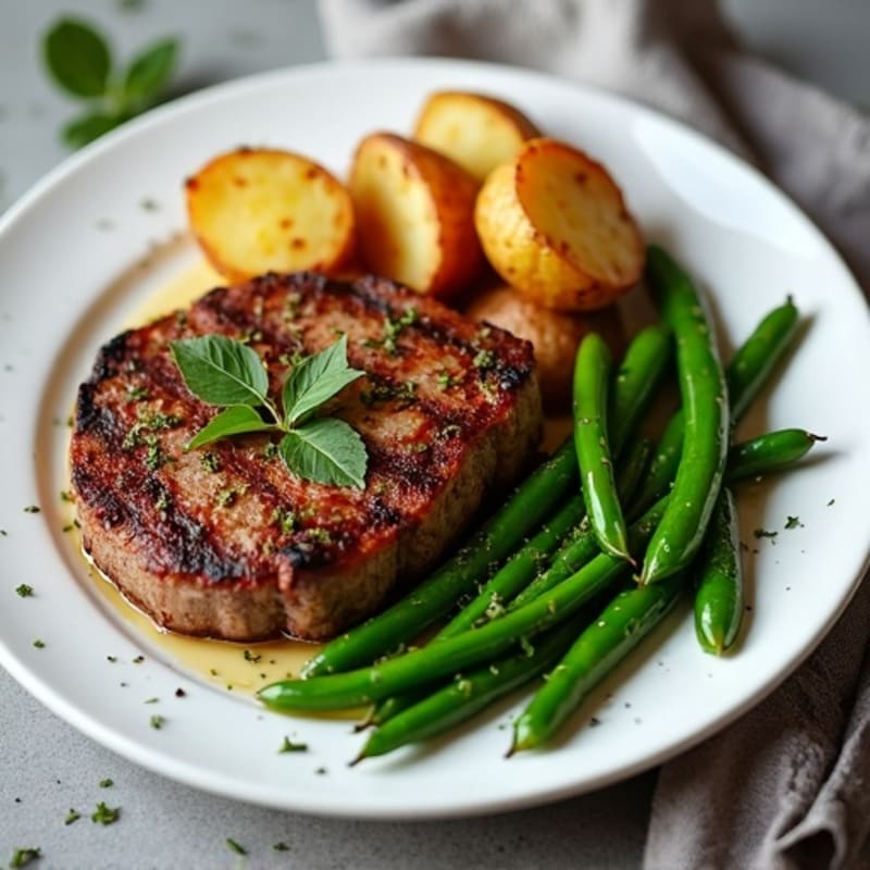 Garlic Herb Steak with Roasted Crispy Potatoes and Green Beans