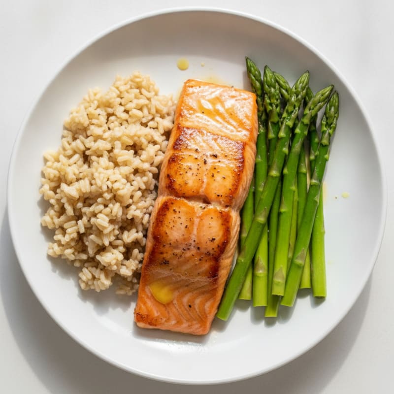 Seared Salmon Fillet with Steamed Asparagus and Brown Rice